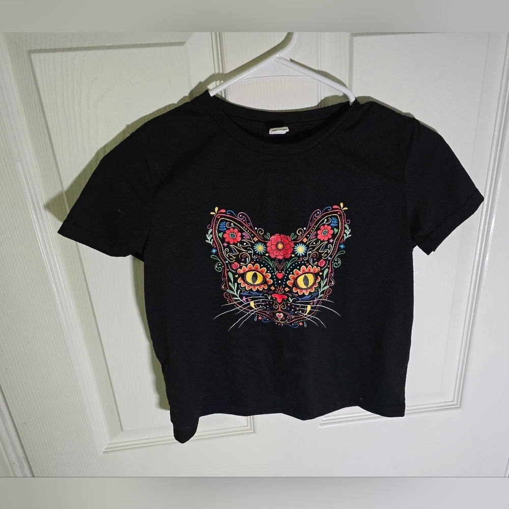 Shein Girls Black Cat Cropped T Shirt 11Y